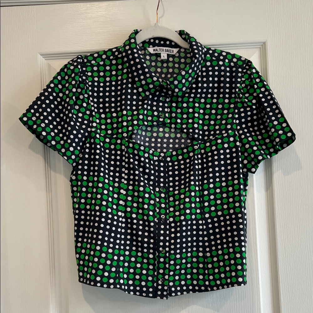 Walter Baker Black Green and White Dot Blouse button down worn once